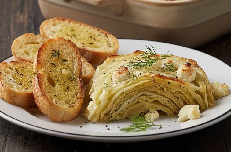 Weißkohl Auflauf mit Schafskäse vegetarisch – Einfaches & gesundes Rezept 4 Weißkohl Auflauf mit Schafskäse vegetarisch mit Ciabatta angerichtet