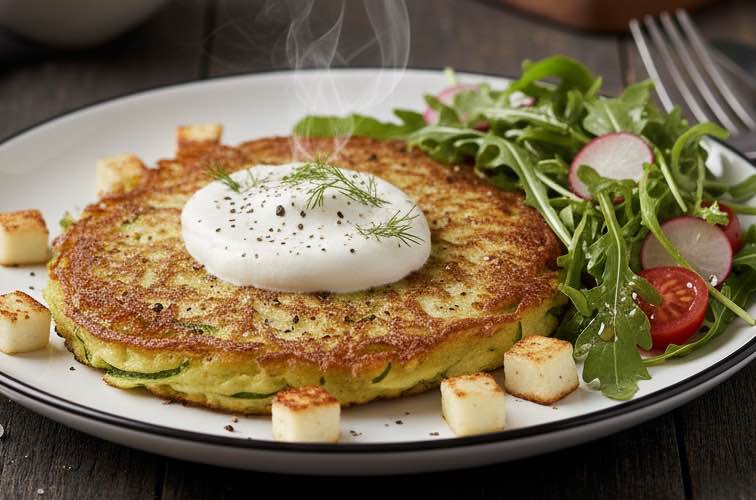 Zucchini Rösti: Ein italienisches Rezept für knusprige Gemüse-Köstlichkeiten 4 Zucchini Rösti mit Salat angerichtet