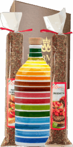 Geschenkset Olivenöl Regenbogen-Krug mit Bruschetta Piccante und Bruschetta Classica