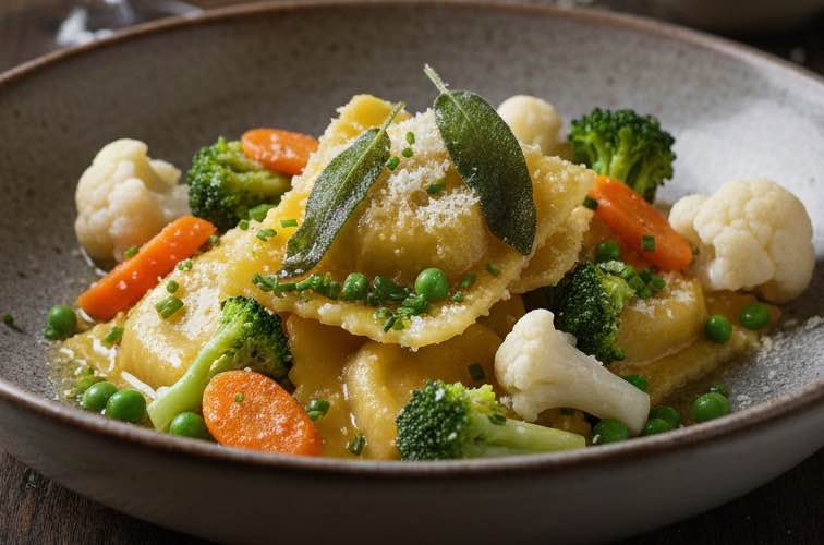 Agnolotti Piemontesi: Traditionelle gefüllte Teigtaschen aus dem Piemont 4 Agnolotti Piemontesi mit gedünstetem Gemüse angerichtet