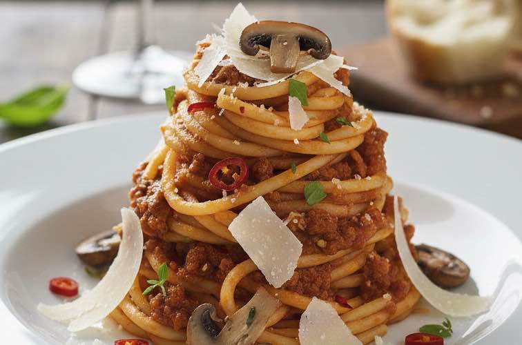 Bucatini al Ragù – Klassisches Pasta-Rezept aus Italien 4 Bucatini al Ragù mit Pilzen und Chili serviert