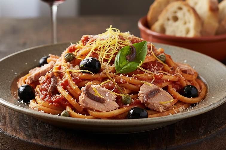 Bucatini al Tonno – Schnelles italienisches Pasta-Rezept mit Thunfisch 4 Bucatini al Tonno mit Zitronenzeste angerichtet