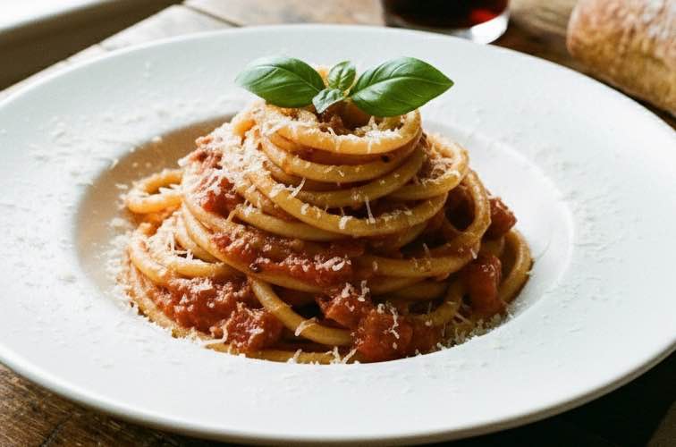 Bucatini all’Amatriciana Rezept – Original italienischer Klassiker 3 Bucatini all’Amatriciana auf einem Teller angerichtet