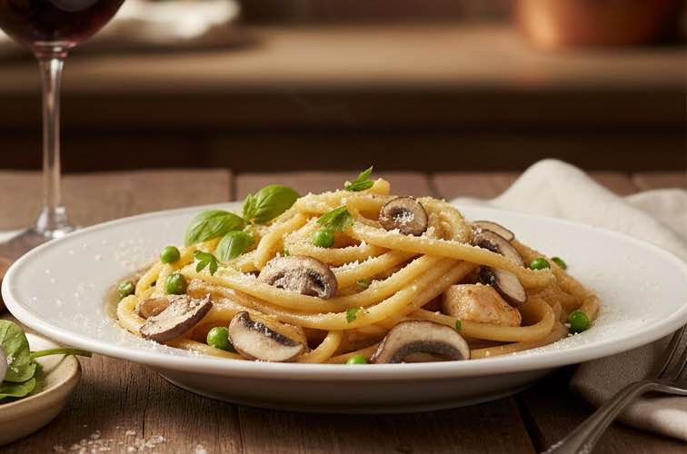 Bucatini alla Caruso – Cremiger Klassiker der italienischen Küche 4 Bucatini alla Caruso mit Pilzen angerichtet