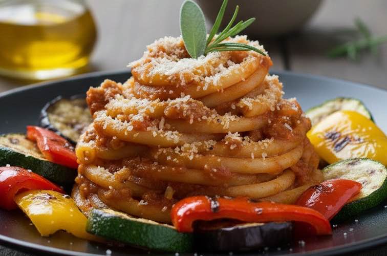 Bucatini alla Marchigiana – Ein Klassiker aus den Marken 4 Bucatini alla Marchigiana mkit gegrilltem Gemüse serviert