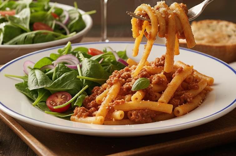 Bucatini alla ’Nduja – Würziges Originalrezept aus Kalabrien 4 Bucatini alla ’Nduja mit Blattsalat angerichtet