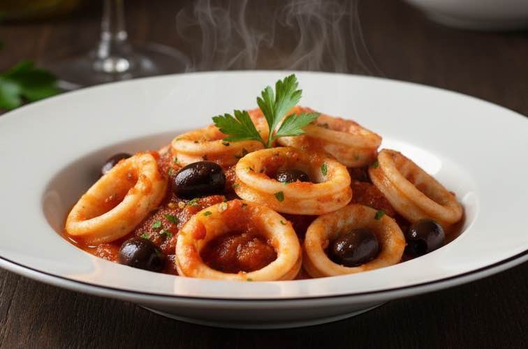 Calamari Livornese auf einem Teller angerichtet