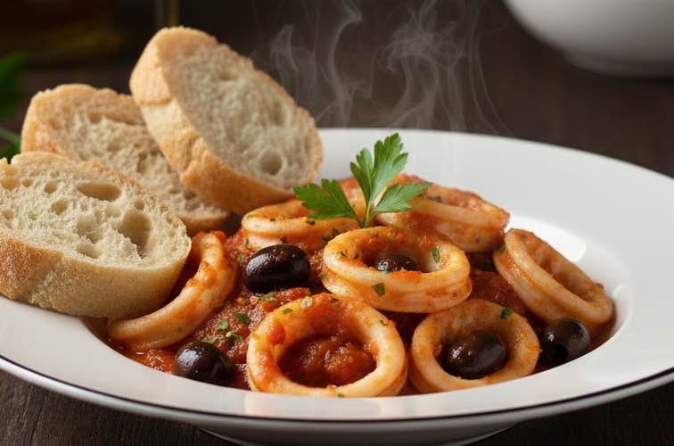 Calamari Livornese mit Ciabatta angerichtet