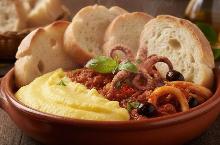 Calamari alla Diavola mit Polenta serviert