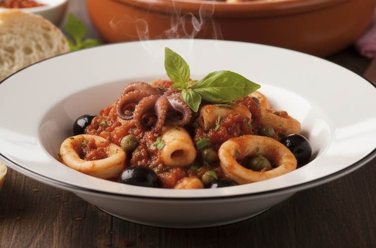 Calamari alla Luciana – Ein traditionelles Gericht aus Neapel 3 Calamari alla Luciana auf einem Teller angerichtet