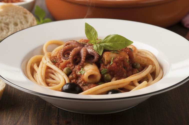 Calamari alla Luciana – Ein traditionelles Gericht aus Neapel 4 Calamari alla Luciana mit Pasta serviert