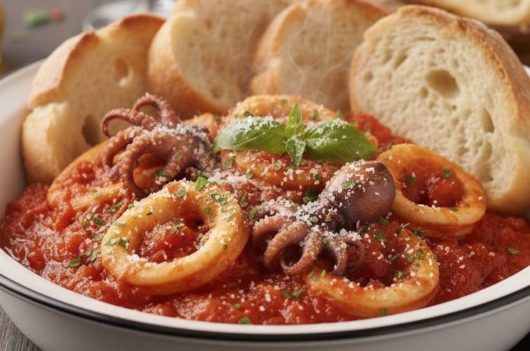 Calamari alla Marinara – Italienisches Originalrezept in aromatischer Tomatensauce 3 Calamari alla Marinara besonders angerichtet mit Pecorino