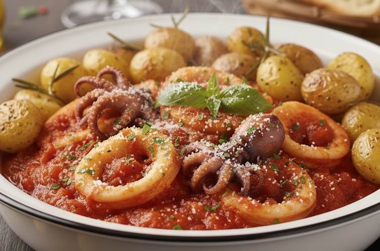 Calamari alla Marinara – Italienisches Originalrezept in aromatischer Tomatensauce 4 Calamari alla Marinara mit Kartoffeln angerichtet