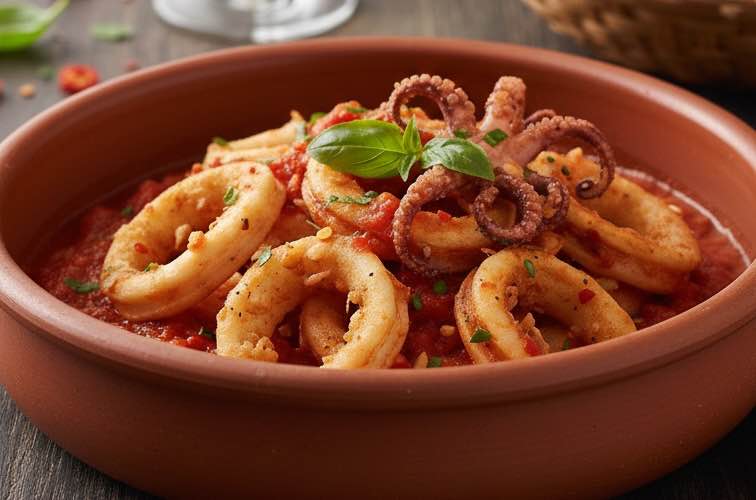 Calamari alla Napoletana in einer Schüssel angerichtet