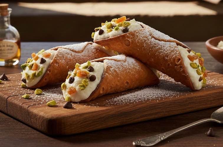 Cannoli con Ricotta – Italienische Genussklassiker aus Sizilien 3 Cannoli con Ricotta auf einem Brett angerichtet
