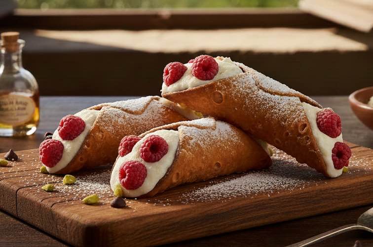 Cannoli con Ricotta – Italienische Genussklassiker aus Sizilien 4 Cannoli con Ricotta mit frischen Himbeeren