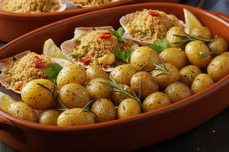 Capesante gratinate – Ein Rezept aus der italienischen Küstenküche 4 Capesante gratinate mit Rosmarinkartoffeln angerichtet