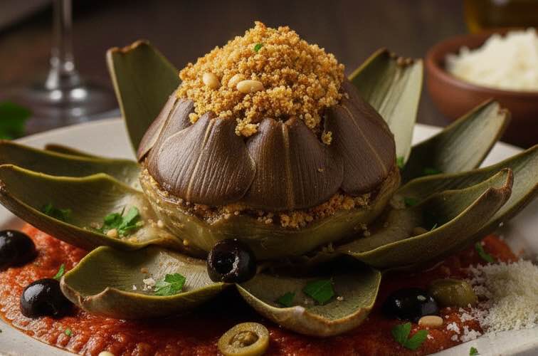 Carciofi Ripieni alla Siciliana – Gefüllte Artischocken auf sizilianische Art 3 Carciofi Ripieni alla Siciliana besonders angerichtet