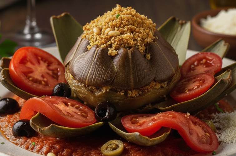 Carciofi Ripieni alla Siciliana – Gefüllte Artischocken auf sizilianische Art 4 Carciofi Ripieni alla Siciliana mit Tomaten angerichtet