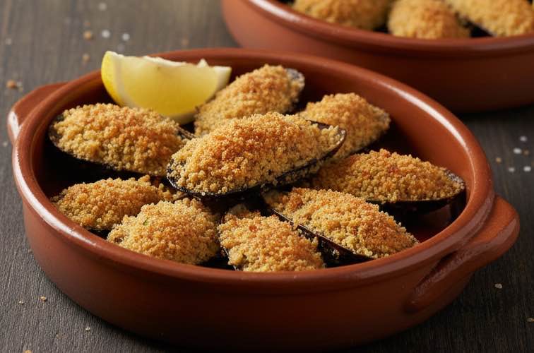 Cozze Gratinate in einer Schuessel angerichtet