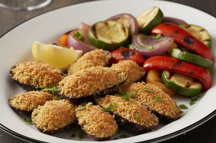 Cozze Gratinate mit gegrilltem Gemüse serviert