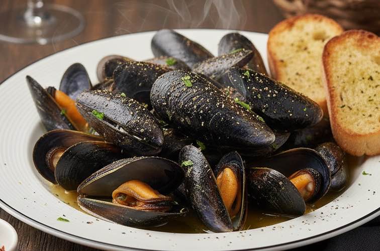 Cozze Pepate – Schwarze Miesmuscheln mit Pfeffer aus der süditalienischen Küstenküche 3 Cozze Pepate auf einem Teller angerichtet