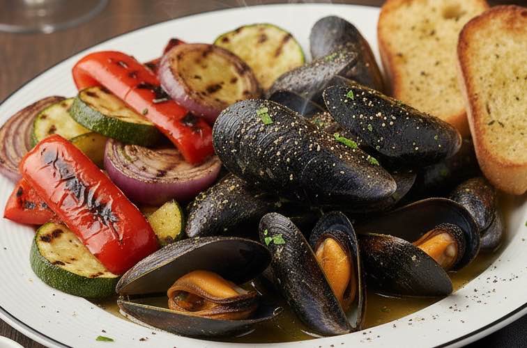 Cozze Pepate – Schwarze Miesmuscheln mit Pfeffer aus der süditalienischen Küstenküche 4 Cozze Pepate mit gegrilltem Gemüse serviert