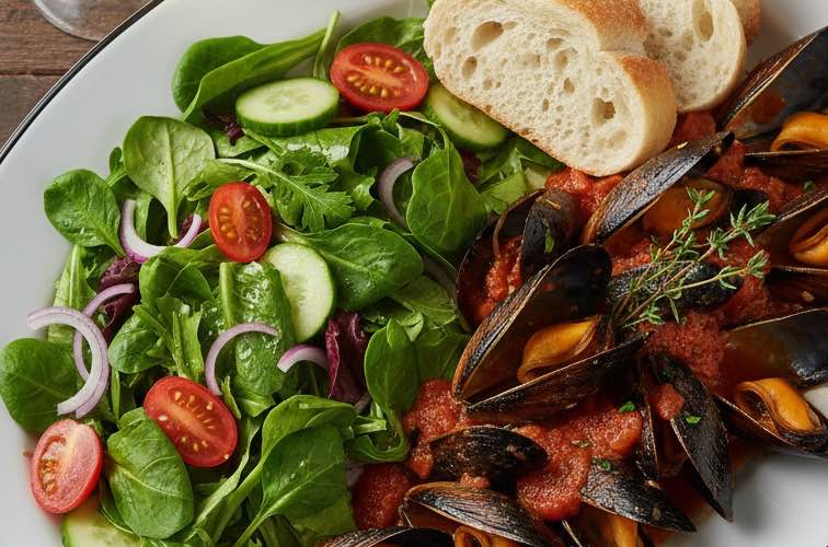 Cozze al Pomodoro – Frische Miesmuscheln in aromatischer Tomatensauce 4 Cozze al Pomodoro mit Salat angerichtet