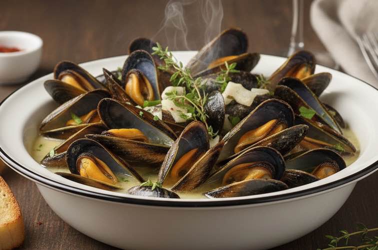 Cozze al Vino Bianco – Frische Miesmuscheln in Weißweinsauce 3 Cozze al Vino Bianco in einem Teller angerichtet