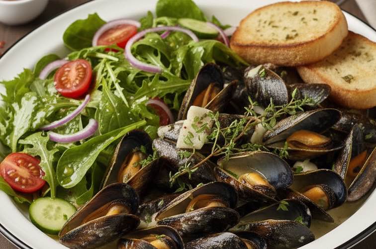 Cozze al Vino Bianco – Frische Miesmuscheln in Weißweinsauce 4 Cozze al Vino Bianco mit grünem Salat und Ciabatta