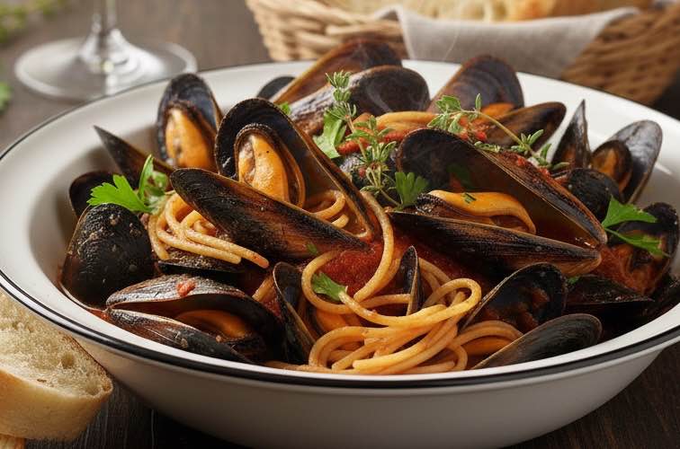 Cozze alla Marinara – Ein Klassiker der italienischen Küstenküche 4 Cozze alla Marinara mit Spaghetti serviert