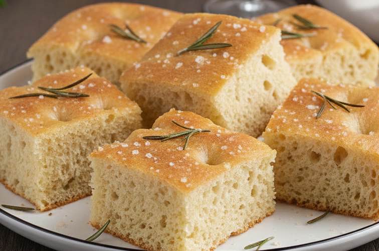 Focaccia alla Ligure – Traditionelles Ligurisches Fladenbrot 3 Focaccia alla Ligure geschnitten auf einem Teller