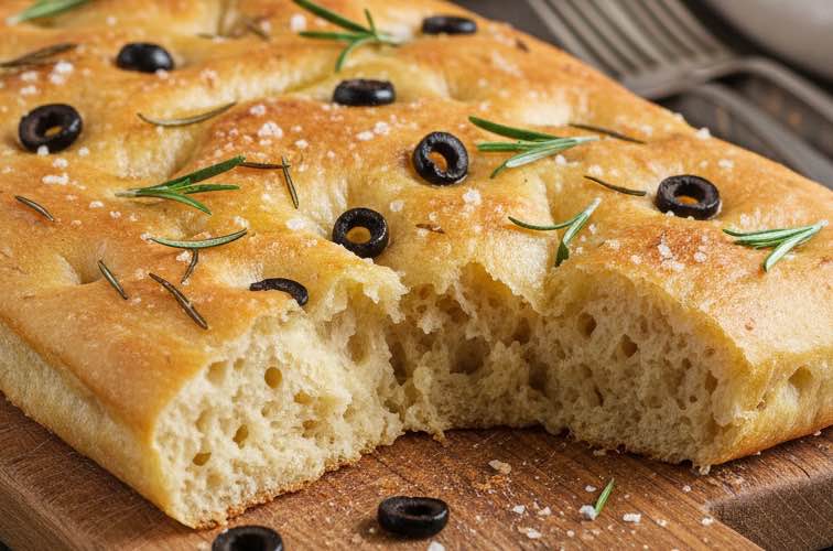 Focaccia alla Ligure – Traditionelles Ligurisches Fladenbrot 4 Focaccia alla Ligure mit Oliven angerichtet