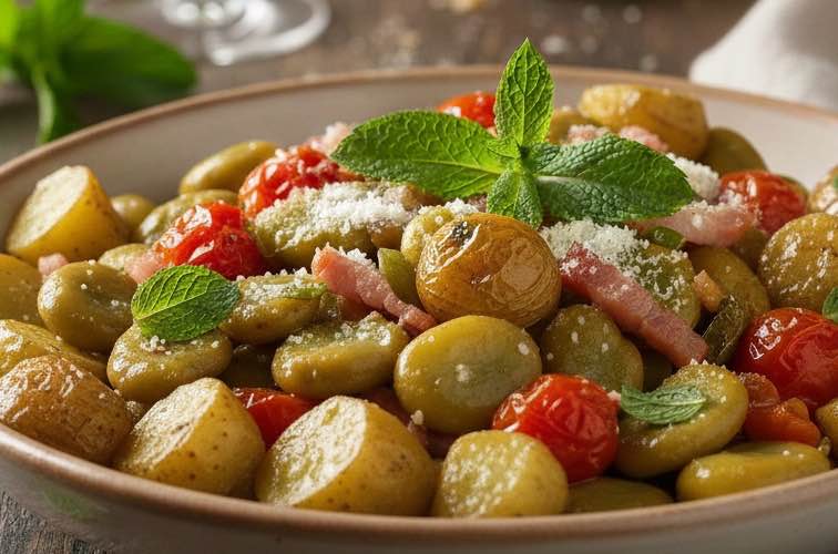 Frische dicke Bohnen Rezept italienisch – Original aus Süditalien 4 Frische dicke Bohnen Rezept italienisch mit Kartoffeln angerichtet
