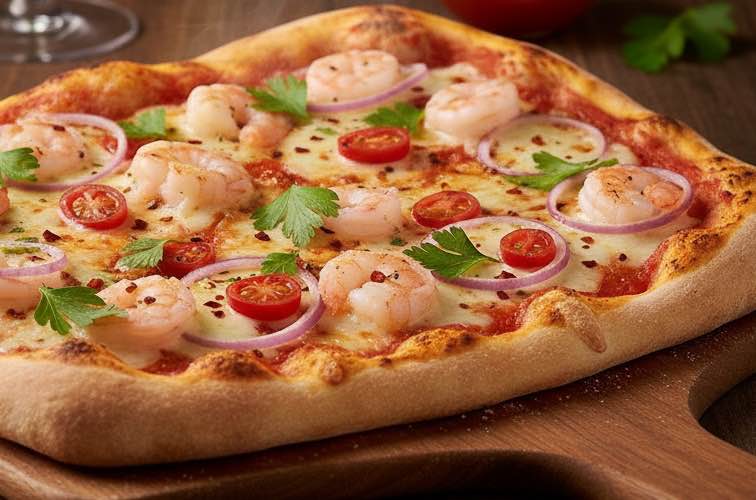 Gamberetti Pizza – Das italienische Rezept mit Tradition und maritimem Aroma 3 Gamberetti Pizza auf einem Brett angerichtet
