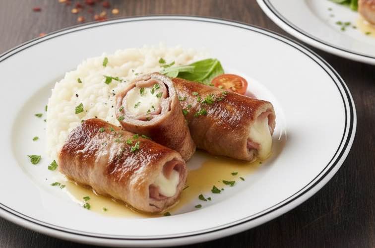 Involtini alla Milanese mit Risotto angerichtet