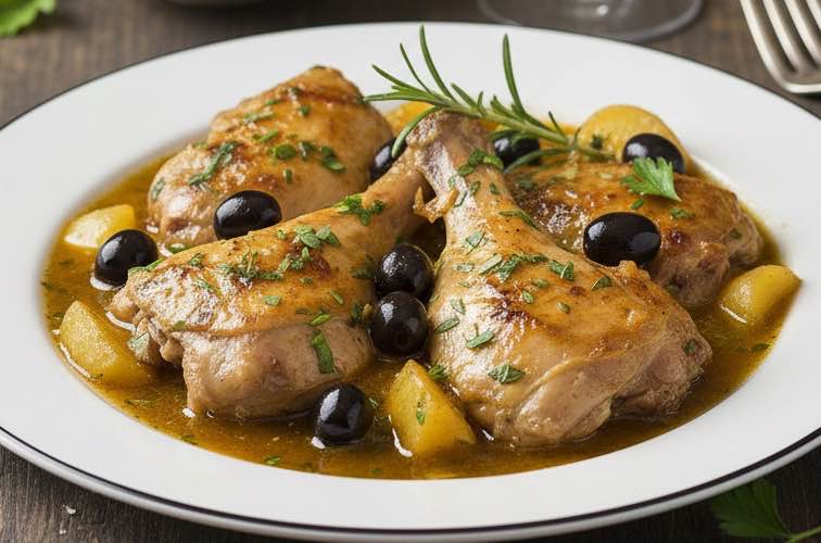 Kaninchen ligurische Art – Mediterranes Traditionsgericht aus Ligurien 3 Kaninchen ligurische Art auf einem Teller angerichtet