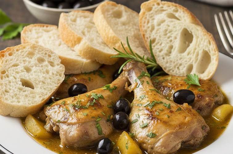 Kaninchen ligurische Art – Mediterranes Traditionsgericht aus Ligurien 4 Kaninchen ligurische Art mit Weißbrot angerichtet