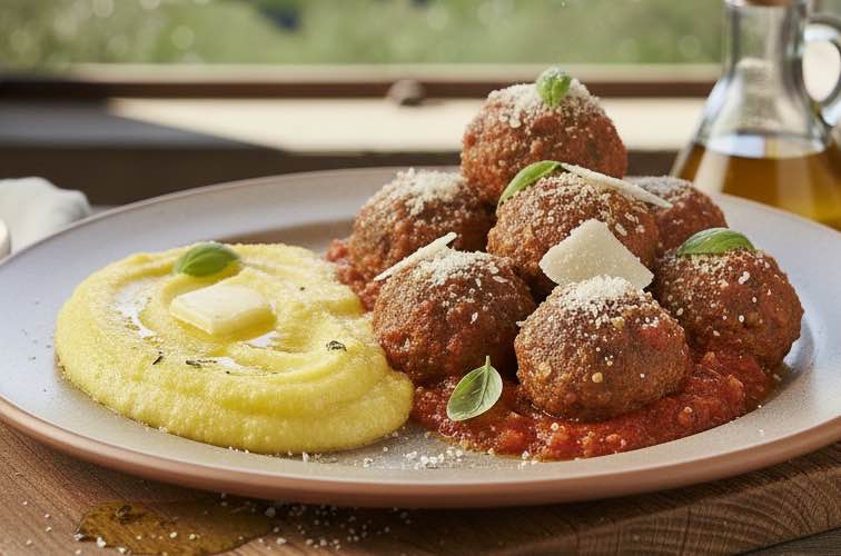 Lenticchie Polpette – Herzhaft vegetarische Bällchen aus Linsen 4 Lenticchie Polpette mit Polenta angerichtet