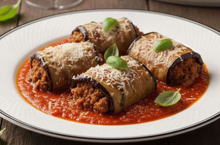 Melanzane Involtini – Gefüllte Auberginen auf italienische Art 4 Melanzane Involtini mit einer Fleischfüllung