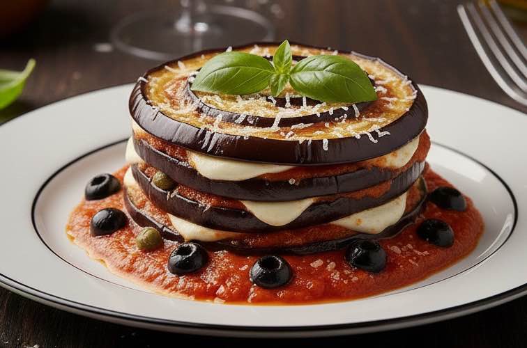 Melanzane siciliana – Authentisches Rezept aus Sizilien 3 Melanzane siciliana auf einem Teller angerichtet