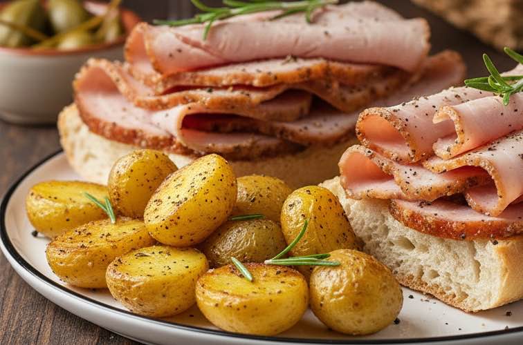 Panino con Porchetta – Italienisches Streetfood mit knusprigem Schweinebauch 4 Panino con Porchetta mit Ofenkartoffeln serviert
