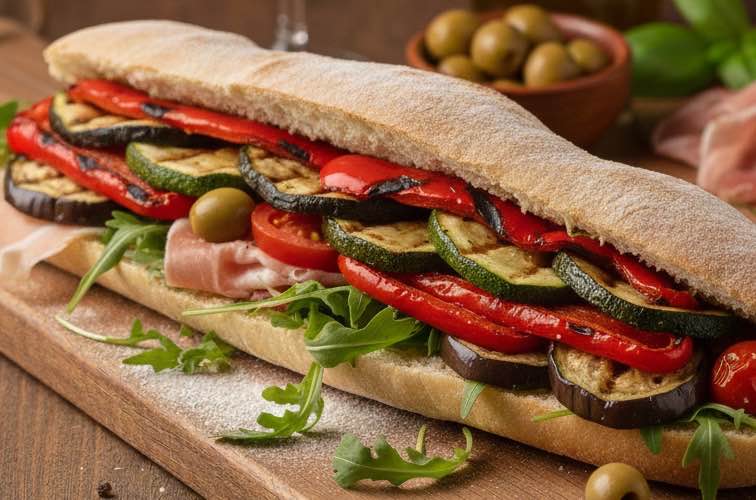 Panuozzo Napoletano: Das Originalrezept aus Kampanien 4 Panuozzo Napoletano mit gegrilltem Gemüse gefüllt