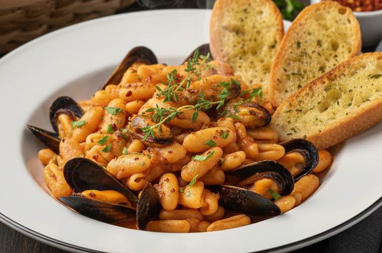 Pasta Fagioli Cozze – eine Küchentradition zwischen Land und Meer 4 Pasta Fagioli Cozze mit Crostini serviert