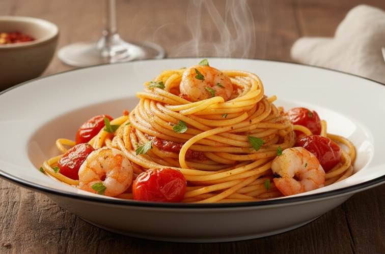 Pasta Gamberetti e Pomodorini – Italienische Pasta mit Garnelen und Kirschtomaten 3 Pasta Gamberetti e Pomodorini besonders angerichtet