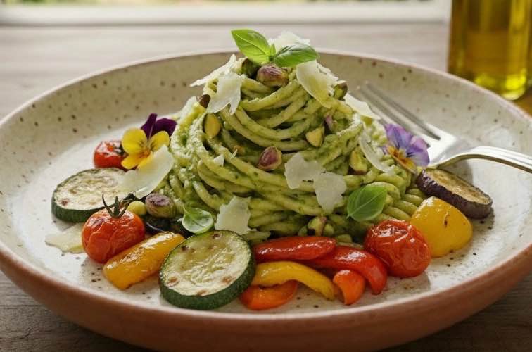 Pasta al Pistacchio – Ein authentisches Rezept aus Sizilien 4 Pasta al Pistacchio mit geröstetem Gemüse angerichtet