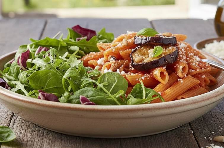 Penne siciliana: Authentisches sizilianisches Rezept 4 Penne siciliana mit grünem Salat angerichtet