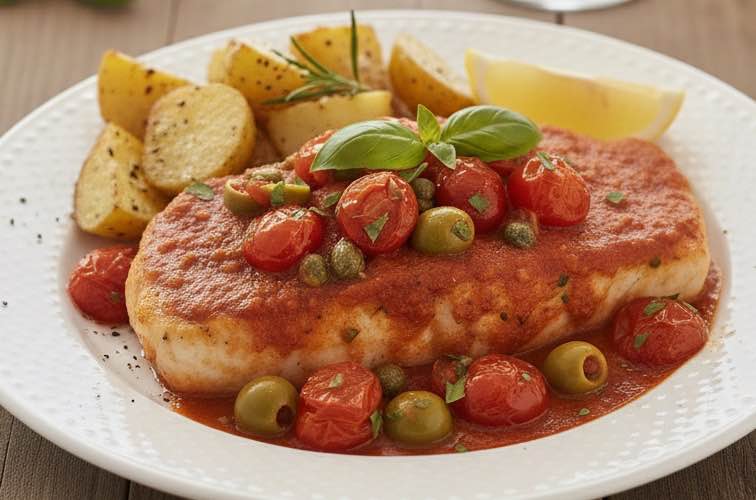 Pesce Spada alla siciliana – Originales Schwertfischrezept aus Sizilien 4 Pesce Spada alla siciliana mit Ofenkartoffeln serviert