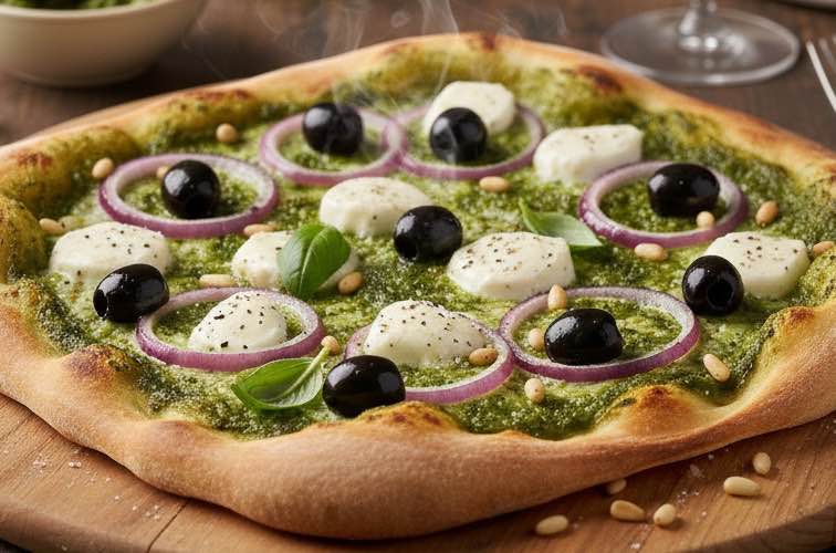 Pizza Genovese – Authentische ligurische Pizza mit Pesto und Kräutern 3 Pizza Genovese auf einem Brett angerichtet