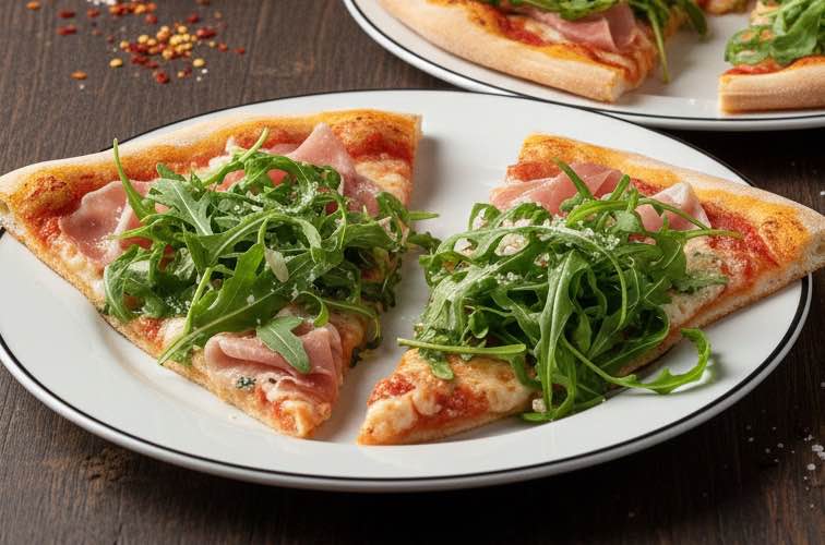 Pizza Milanese – Cremige Pizza mit Gorgonzola, Prosciutto und Rucola 3 Pizza Milanese Stücke auf einem Teller angerichtet